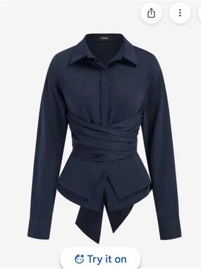 Cider Navy Draped Wrap-Waist Button Down Shirt